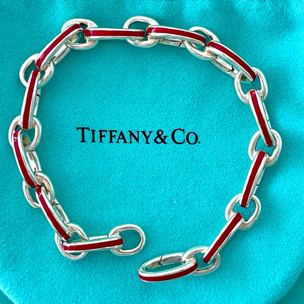 RARE Tiffany and Co. Red enamel and Sterling Silver Clasping bracelet